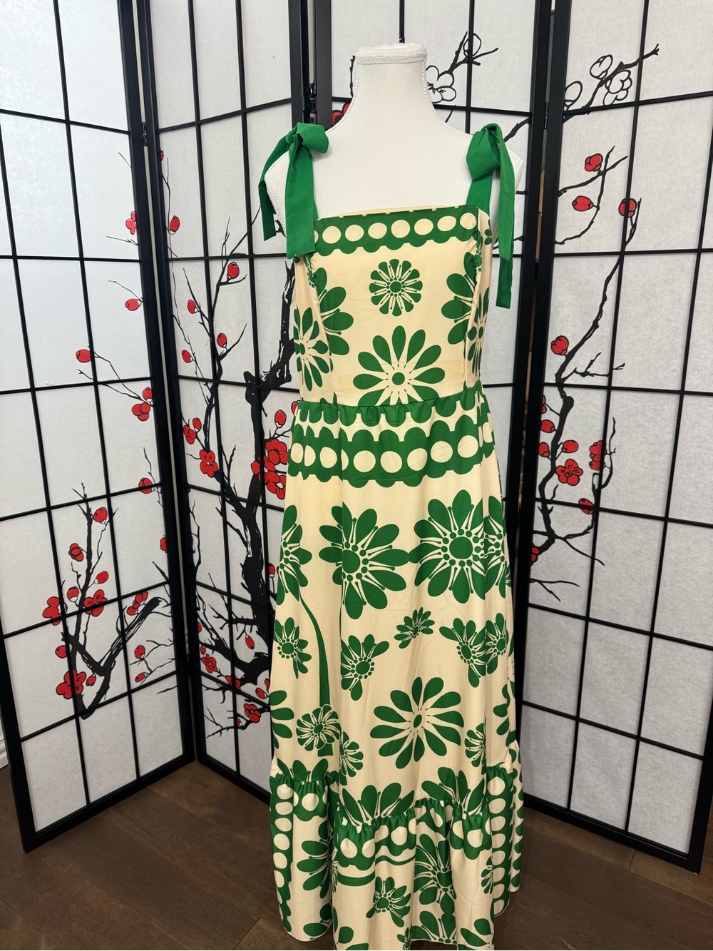 SHEIN Cream & Green Floral Tie-Shoulder Maxi Dress